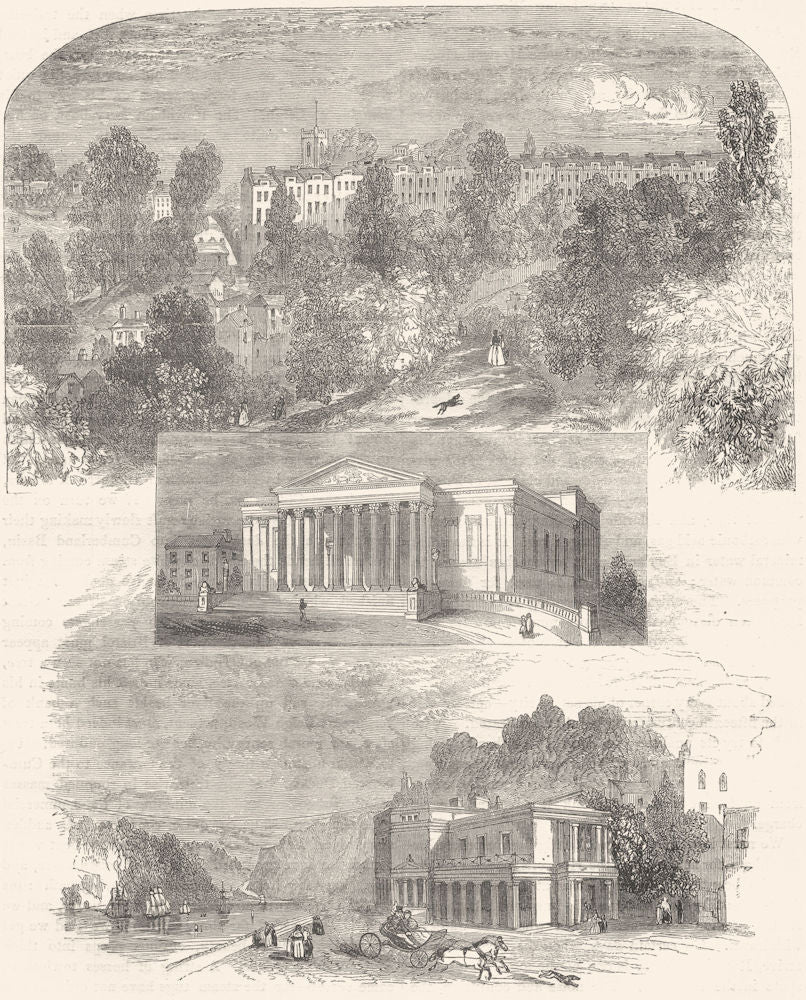 GLOUCESTERSHIRE. Clifton Hill; Victoria Rooms; Hot Wells and Bridge 1850 print